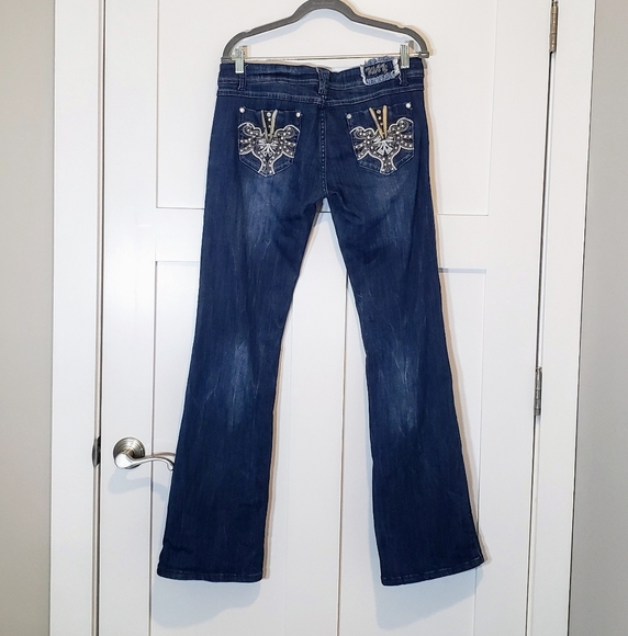 Way Denim - Way Women's Blue Jeans with Embellished Pockets Blingy Mid-Rise Bootcut Size 11